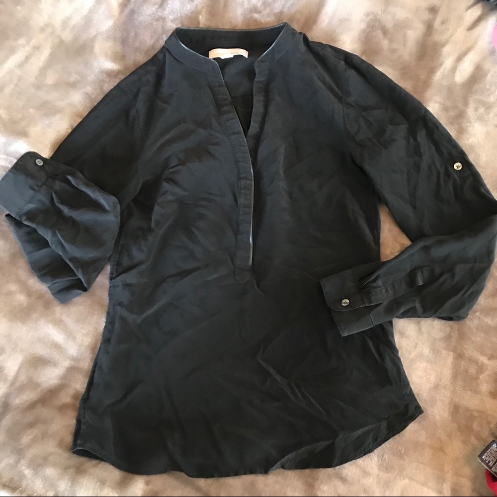 Silk Shirt Convertible Sleeves. Leather Like Trim